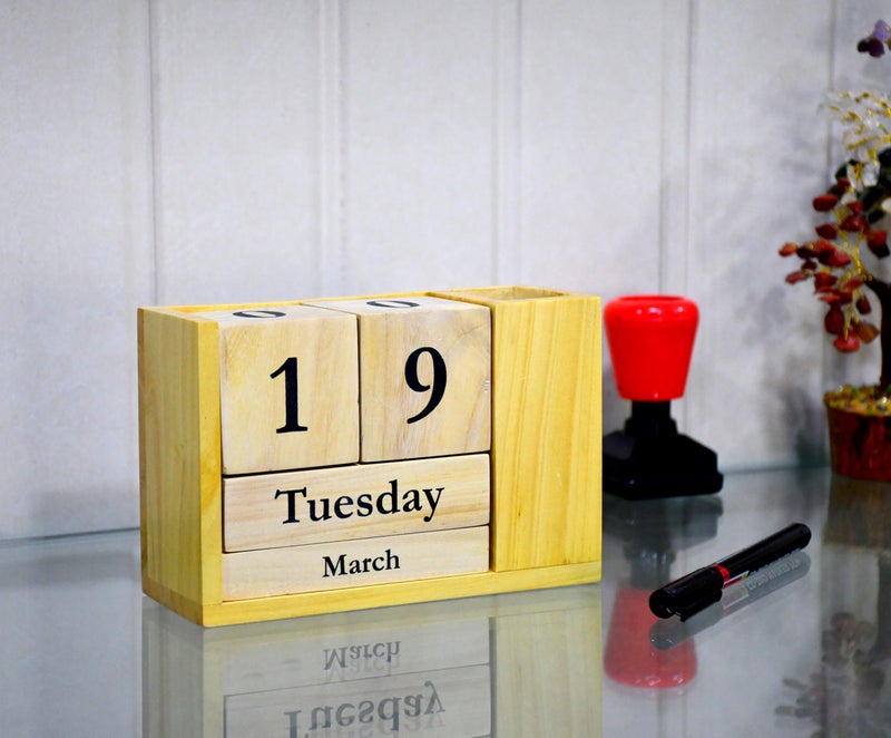 IVEI Wooden Desk Calendar with Pen Holder - Perpetual Calendar, Minimal Organizer for Study Table, Office Table Decoration Items Showpieces, Stationery Items - Image 4
