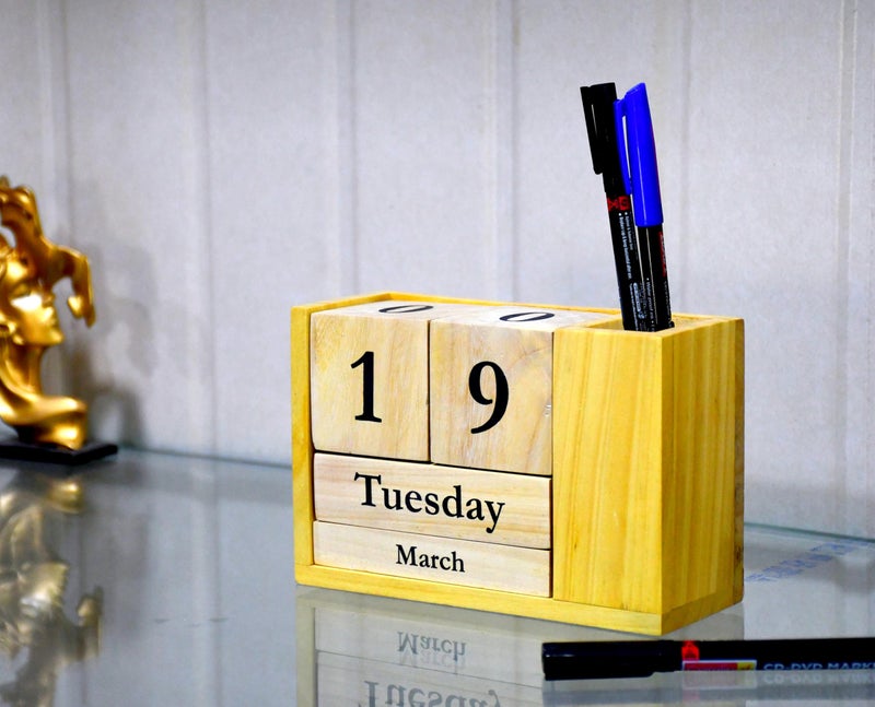 IVEI Wooden Desk Calendar with Pen Holder - Perpetual Calendar, Minimal Organizer for Study Table, Office Table Decoration Items Showpieces, Stationery Items - Image 1