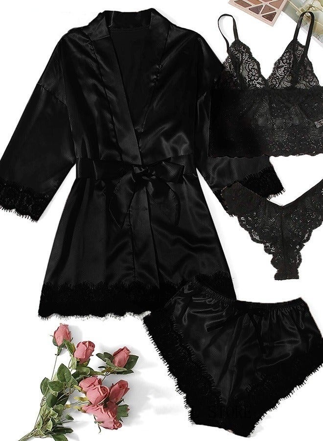 4 Pack Women's Nightwear Sets Silk Satin Sleepwear Pajama Summer Home Wearing Clothes Suits Embroidered Breathable Ladies Lingerie Robe Nightdress Underwear Panties Black - Image 3