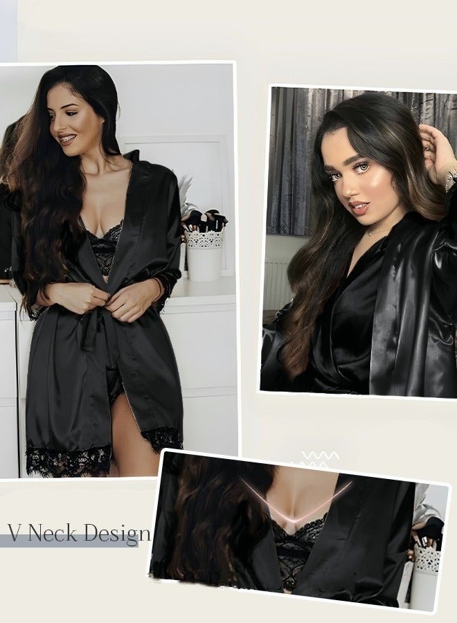 4 Pack Women's Nightwear Sets Silk Satin Sleepwear Pajama Summer Home Wearing Clothes Suits Embroidered Breathable Ladies Lingerie Robe Nightdress Underwear Panties Black - Image 4