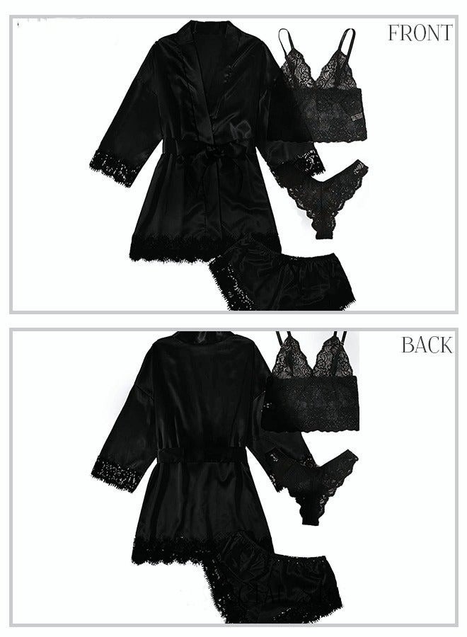 4 Pack Women's Nightwear Sets Silk Satin Sleepwear Pajama Summer Home Wearing Clothes Suits Embroidered Breathable Ladies Lingerie Robe Nightdress Underwear Panties Black - Image 5