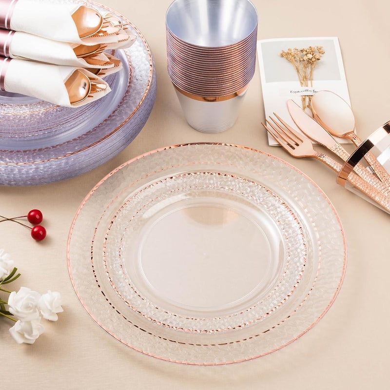 Bestluck 350PCS Clear Plastic Plates with Rose Gold Trim for 50 Guests, Disposable Dinnerware Set for Party, Wedding, Include 100 Plastic Plates, 50 Pre Rolled Napkins with Silverware, 50 Cups - Image 4