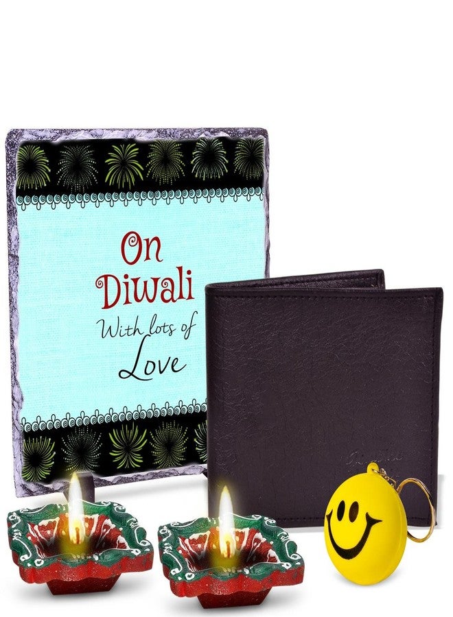 Alwaysgift On Diwali with Lots of Love 2 Diyas, Wallet, Smiley Keychain, & Rock Tile Frame Gift Set, pread Joy and Blessings with Thoughtful Gifts - Image 1