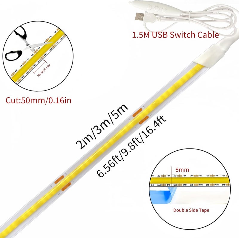 5V USB COB LED Strip Lights with Dimmable Switch,9.84FT/3M,Warm White 3000K,320LEDs/M,8mm Width,Not Waterproof IP20,1.5M USB Switch Cable,for DIY Home Indoor Decoration - Image 4