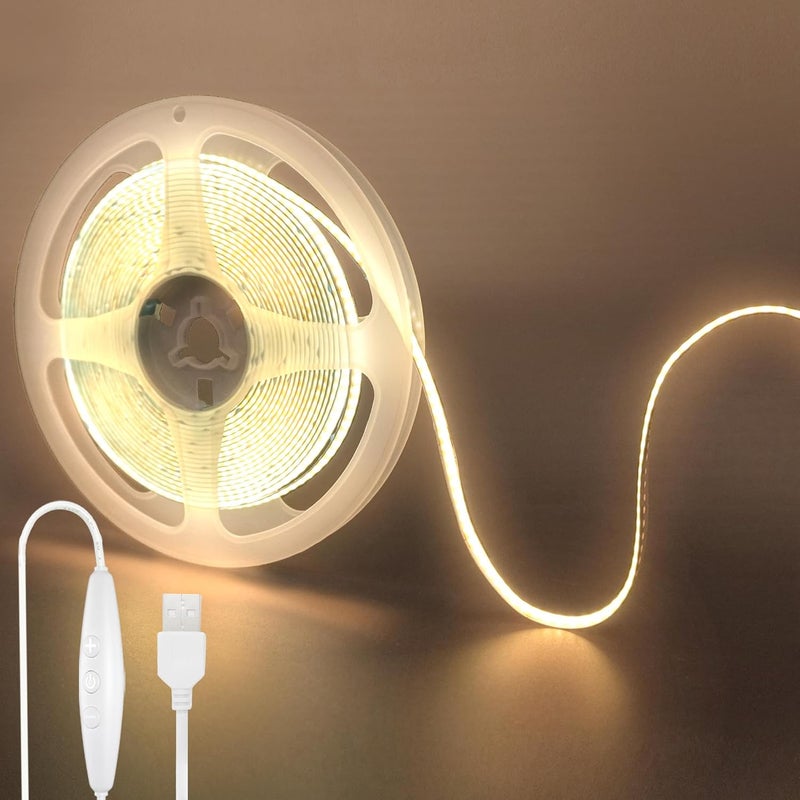5V USB COB LED Strip Lights with Dimmable Switch,9.84FT/3M,Warm White 3000K,320LEDs/M,8mm Width,Not Waterproof IP20,1.5M USB Switch Cable,for DIY Home Indoor Decoration - Image 1