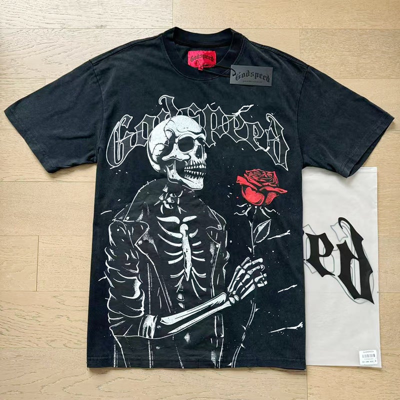 2025 Cross-border Summer New American Style Loose Street Retro T-shirt Fashion Brand Short-sleeved GODSPEED Digital Printing - Image 1