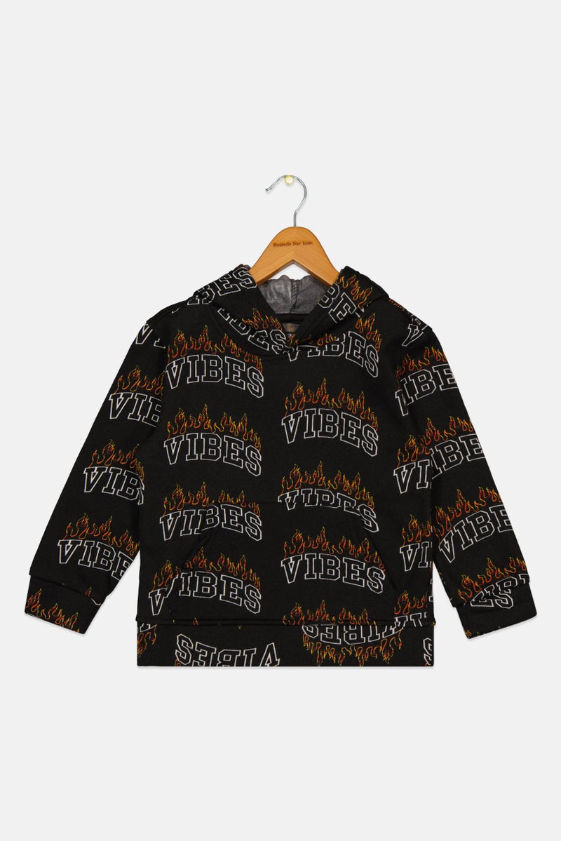 brooklyn Kids Boy Hooded Allover Print Long Sleeves Sweatshirt, Black - Image 2