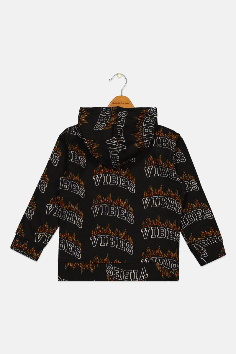 brooklyn Kids Boy Hooded Allover Print Long Sleeves Sweatshirt, Black - Image 3