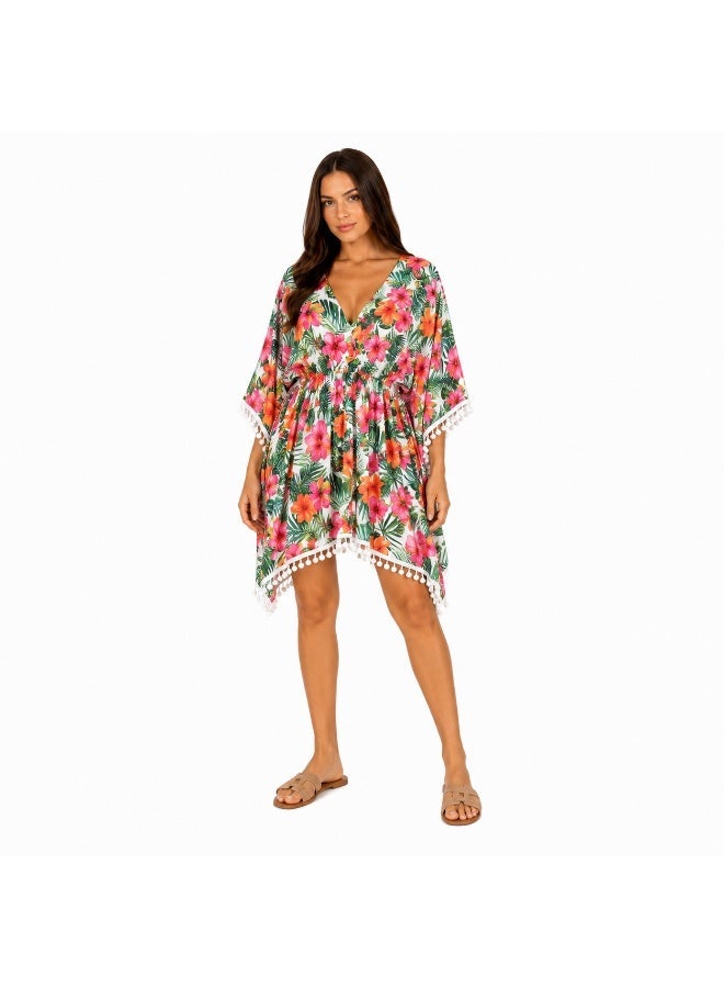ZECOTEX Women's Chiffon Beach Kaftan Cover-Up, V-Neck Floral Print with Pom-Pom Trim and Elastic Waist - Image 1