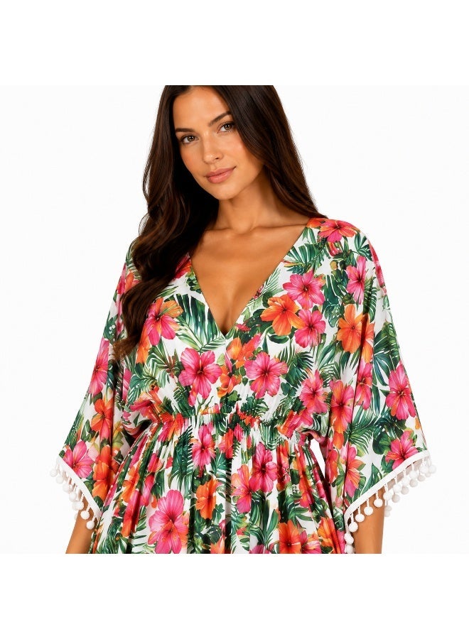 ZECOTEX Women's Chiffon Beach Kaftan Cover-Up, V-Neck Floral Print with Pom-Pom Trim and Elastic Waist - Image 4