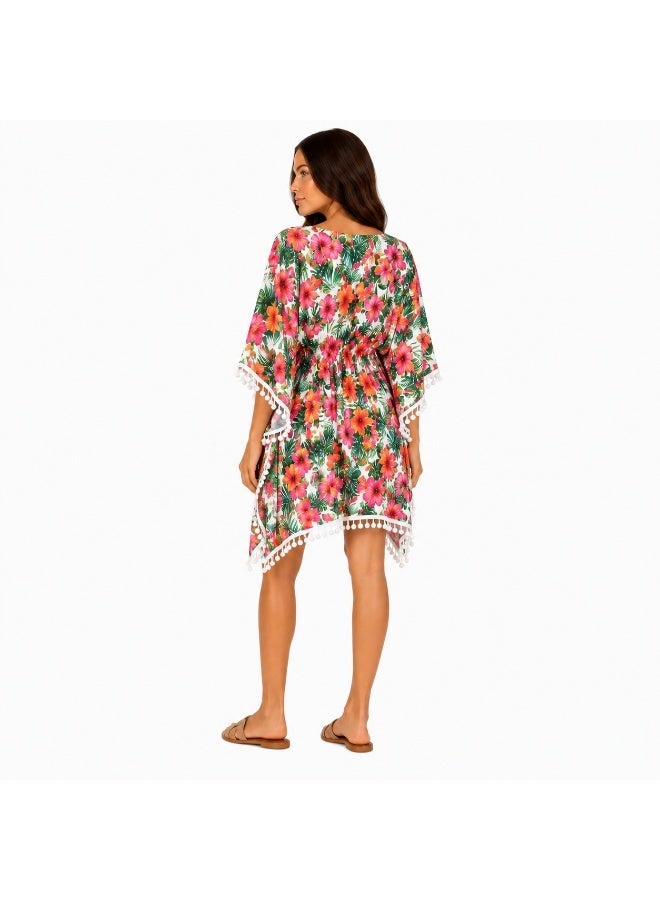 ZECOTEX Women's Chiffon Beach Kaftan Cover-Up, V-Neck Floral Print with Pom-Pom Trim and Elastic Waist - Image 3