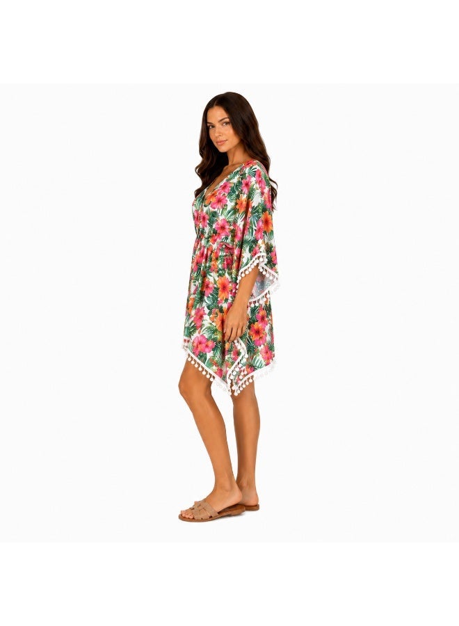 ZECOTEX Women's Chiffon Beach Kaftan Cover-Up, V-Neck Floral Print with Pom-Pom Trim and Elastic Waist - Image 2