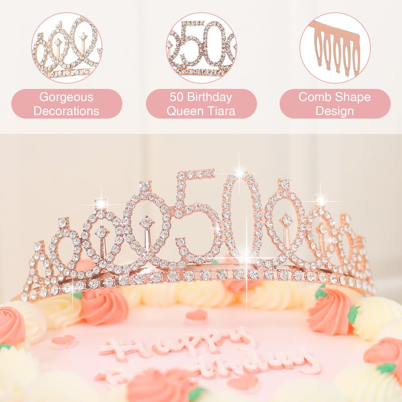 Cyrelwing 50TH Birthday Gifts for Women,Vintage Engraved 50th Wine Glass,50 Year Old Birthday Decorations For Her,50&Fabulous Sash and Tiara For Women,Friends,Sister-Turning 50th Party Favor Supplies - Image 3