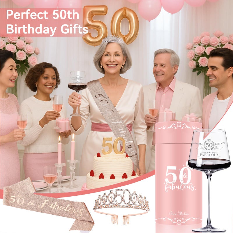 Cyrelwing 50TH Birthday Gifts for Women,Vintage Engraved 50th Wine Glass,50 Year Old Birthday Decorations For Her,50&Fabulous Sash and Tiara For Women,Friends,Sister-Turning 50th Party Favor Supplies - Image 5
