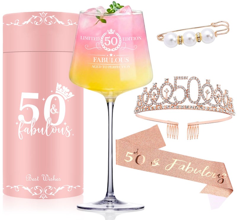 Cyrelwing 50TH Birthday Gifts for Women,Vintage Engraved 50th Wine Glass,50 Year Old Birthday Decorations For Her,50&Fabulous Sash and Tiara For Women,Friends,Sister-Turning 50th Party Favor Supplies - Image 1