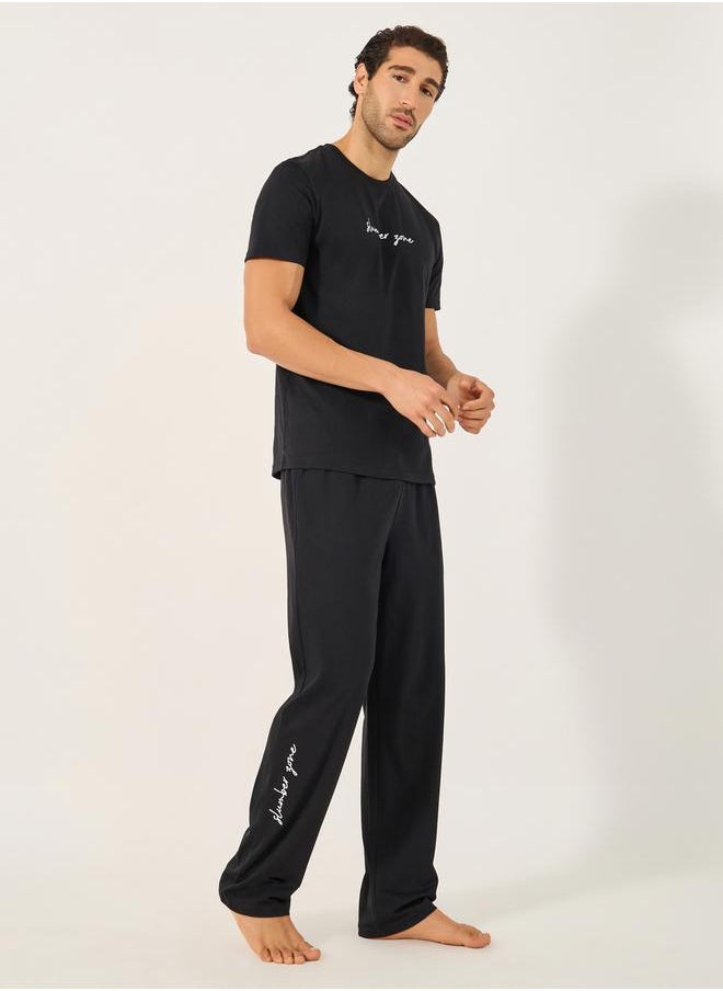 Styli Slogan Print Crew Neck T-Shirt and Pyjama Set  - Image 1