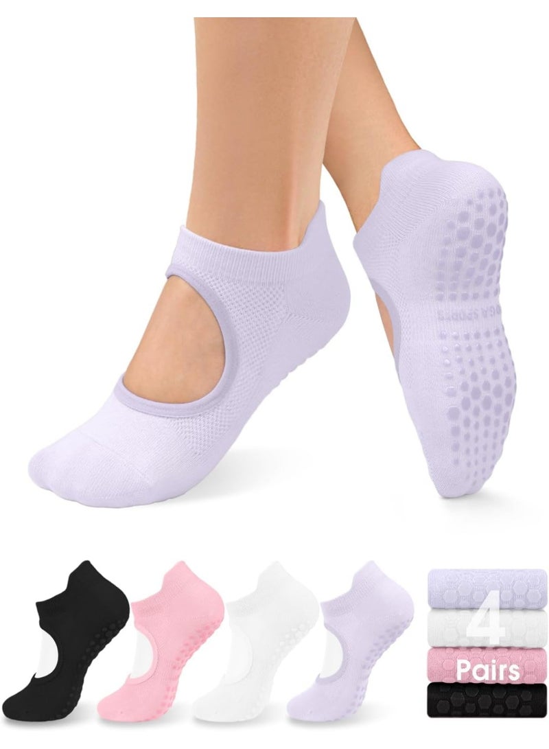 KOWVOWZ 4 Pack Yoga Socks, Non Slip Grip Socks, Pilates Socks with Grips for Women, Non-Slip Grips & Strap Ideal for Pilates Pure Barre Ballet Dance Barefoot Workout  - Image 1