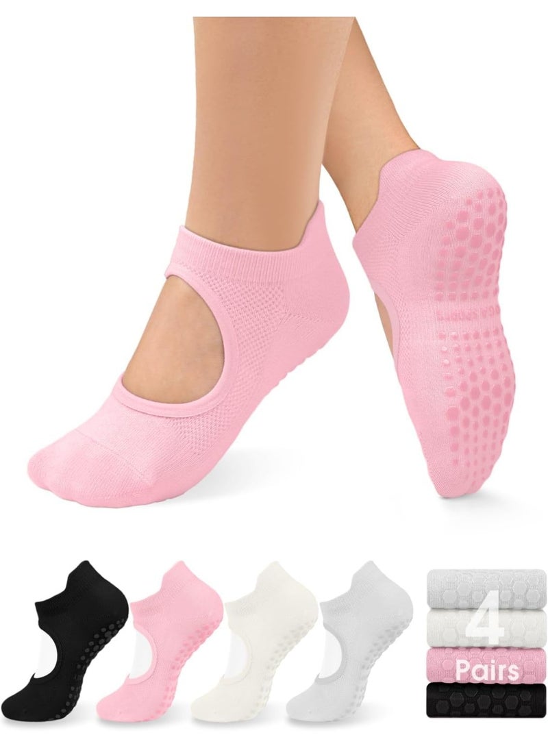 KOWVOWZ 4 Pack Yoga Socks, Non Slip Grip Socks, Pilates Socks with Grips for Women, Non-Slip Grips & Strap Ideal for Pilates Pure Barre Ballet Dance Barefoot Workout  - Image 2
