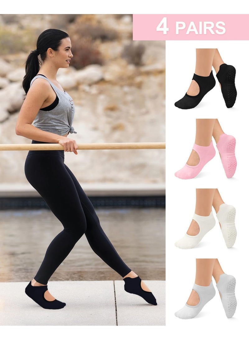 KOWVOWZ 4 Pack Yoga Socks, Non Slip Grip Socks, Pilates Socks with Grips for Women, Non-Slip Grips & Strap Ideal for Pilates Pure Barre Ballet Dance Barefoot Workout  - Image 4
