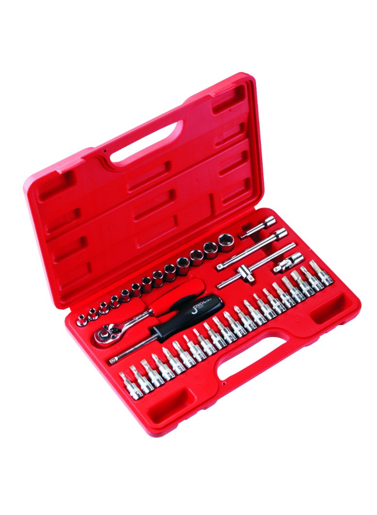 jetechtool مجموعة مفاتيح جيتك 39 قطعة بمقاس 1/4 بوصة، مفاتيح متري 6 نقاط من كروم فانيوم، مفاتيح قياسية من 4–14 مم، مفاتيح بت HX/Torx/Phillips/Slotted، رافعة وإكسسوارات – SK1/4-39SP - Image 1