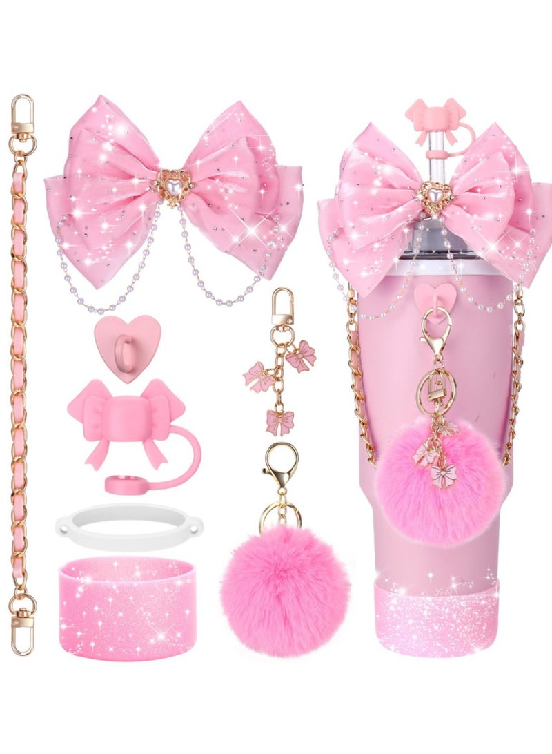 Reema Bling Cup Accessories for Stanley Cup 30oz 40oz 20oz Tumbler with Handle, including Bow Straw Topper Cover, Straw Bow Decorate, Leather Water Bottle Handle Strap, Boot,Pink - Image 1