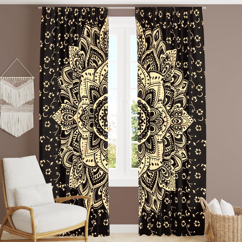 Bless International Beautiful Indian Bohemian Psychedelic Hippie Flower Ombre Window Curtain Panels for Bedroom  Living  Balcony (Black Gold (25x74 Inches)(63.5x188 Cms)) - Image 1