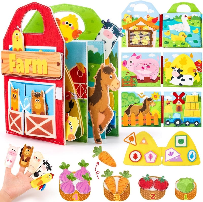 Moonmen Montessori Busy Book for Toddlers 1-3 - Farm Animals Quiet Busy Board for Boy Girl Gifts - Educational Activity Books Felt Learning Board Airplane Travel Toys (Farm A) - Image 1