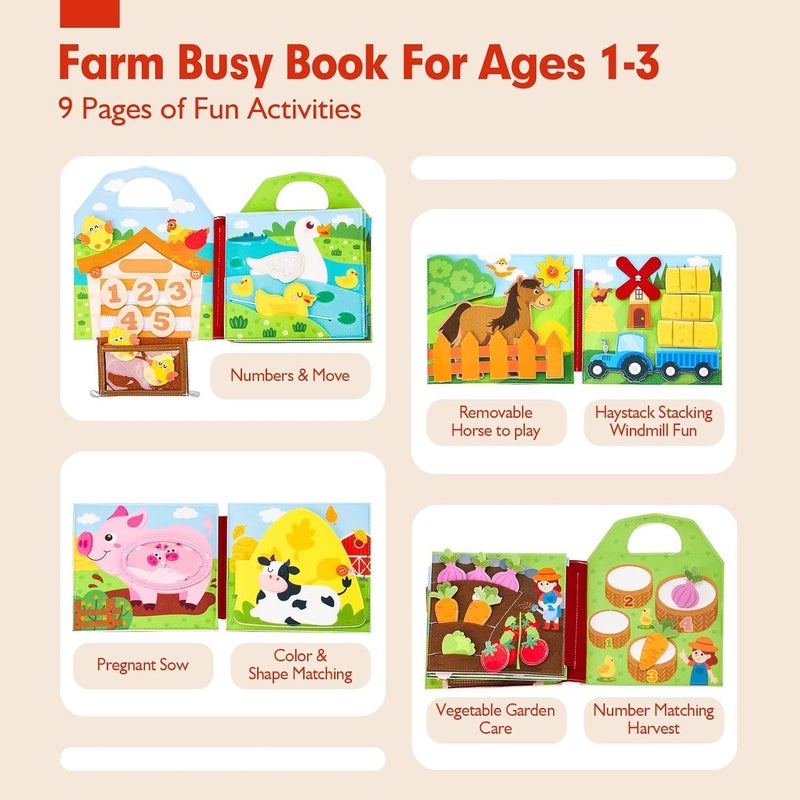 Moonmen Montessori Busy Book for Toddlers 1-3 - Farm Animals Quiet Busy Board for Boy Girl Gifts - Educational Activity Books Felt Learning Board Airplane Travel Toys (Farm A) - Image 2