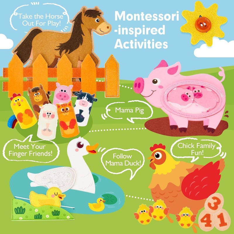 Moonmen Montessori Busy Book for Toddlers 1-3 - Farm Animals Quiet Busy Board for Boy Girl Gifts - Educational Activity Books Felt Learning Board Airplane Travel Toys (Farm A) - Image 3
