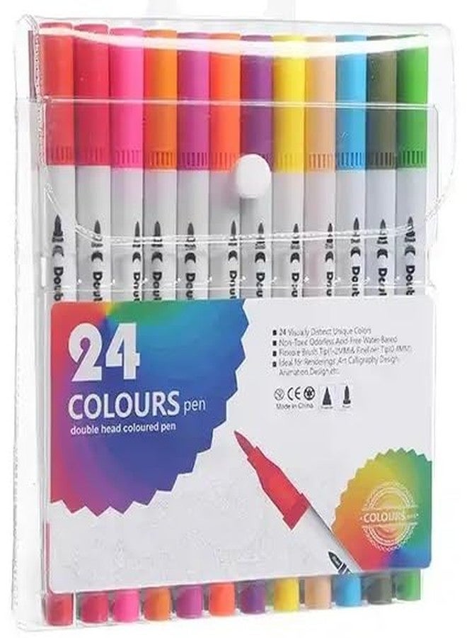 Qatalitic Dual Tip Brush Pens - 24 Color Felt Tip Pen Set With Fineliners, Watercolor Marker, And Highlighters - Ideal For Coloring, Drawing, Sketching, And Calligraphy, Multicolor - Image 1