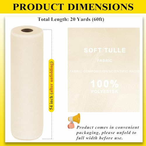 Ableme Deco 54" by 20 Yards Ivory Tulle Fabric Rolls - Tutu Spool Bolt for DIY Wedding Decoration, Baby Shower Tutu Skirt, Gift Wrapping - Large Matte Tulle, Roll Packaging - Image 3