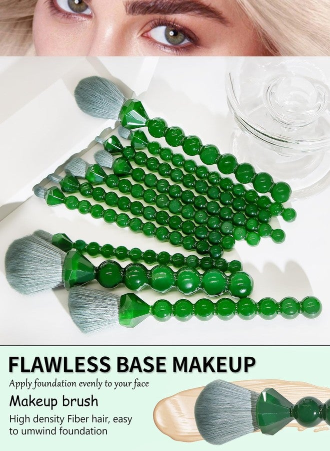 COSHINE Unique Diamond and Pearl Design Makeup Brush Set, 10pcs Cute and Full Complete Powder, Concealer, Blush, Eye Shadow Cosmetic Brushes Kit (GREEN) - Image 3