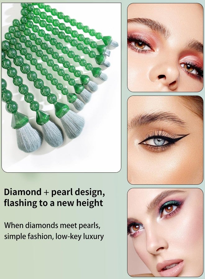 COSHINE Unique Diamond and Pearl Design Makeup Brush Set, 10pcs Cute and Full Complete Powder, Concealer, Blush, Eye Shadow Cosmetic Brushes Kit (GREEN) - Image 4