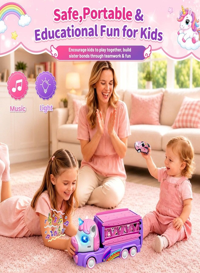 ألعاب سيارات يونيكورن للبنات الصغيرات من عمر 3 إلى 6 سنوات، سيارة سباق قابلة للطي مع أضواء وموسيقى، شاحنة نقل يونيكورن تعمل بالاحتكاك مع 4 سيارات سباق، هدايا عيد ميلاد للبنات - Image 2
