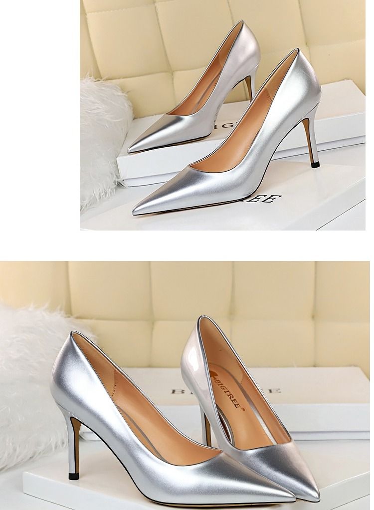 BIGTREE حذاء بكعب عالي مدبب ذو فم ضحل 8 سم فضي - Image 2