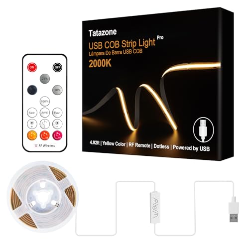 Tatazone 5V Yellow USB COB Led Strip Light with RF Remote, 4.92ft 2000K Dimmable USB Powered Amber COB Led Light Strip, Indoor COB Led Light for Cabinet, TV, Camping, Monitor, Showcase, Motorhome - Image 1