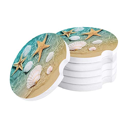 Litter Star Absorbent Car Coasters for Cup Holders Fresh Beach Sand Starfish Shell, Small 2.56inch Ceramic Stone Drink Coaster for Women Men, Natural Coastal Set of 2 Pack - Image 2