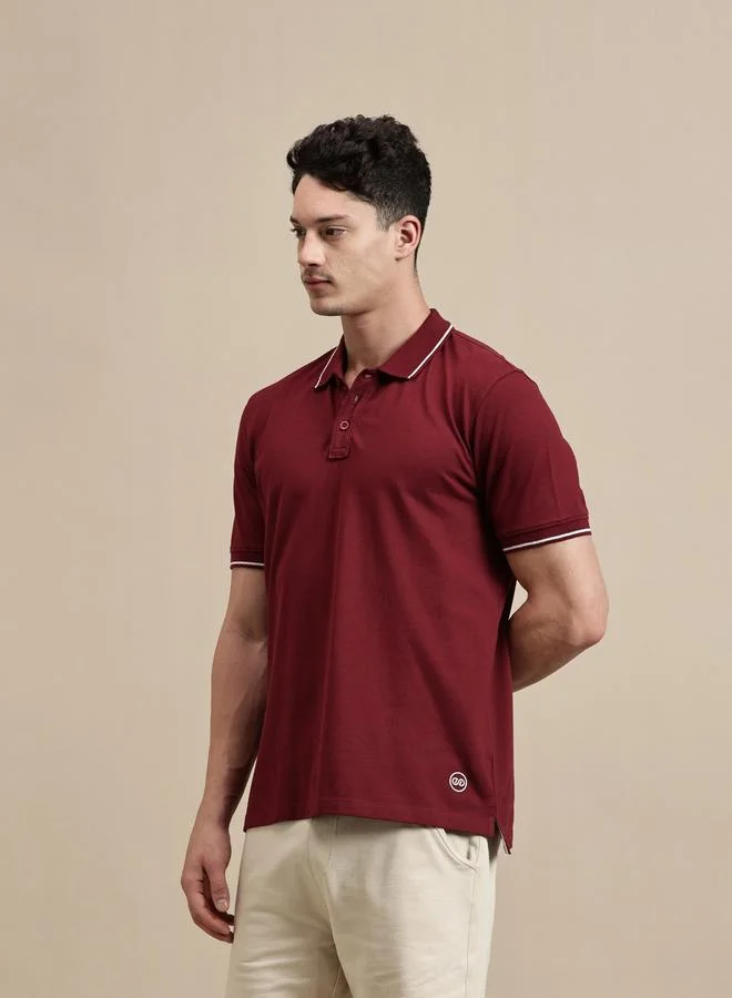 ECOLORE Men Burgundy Tipped Slim Fit Polo T-Shirt