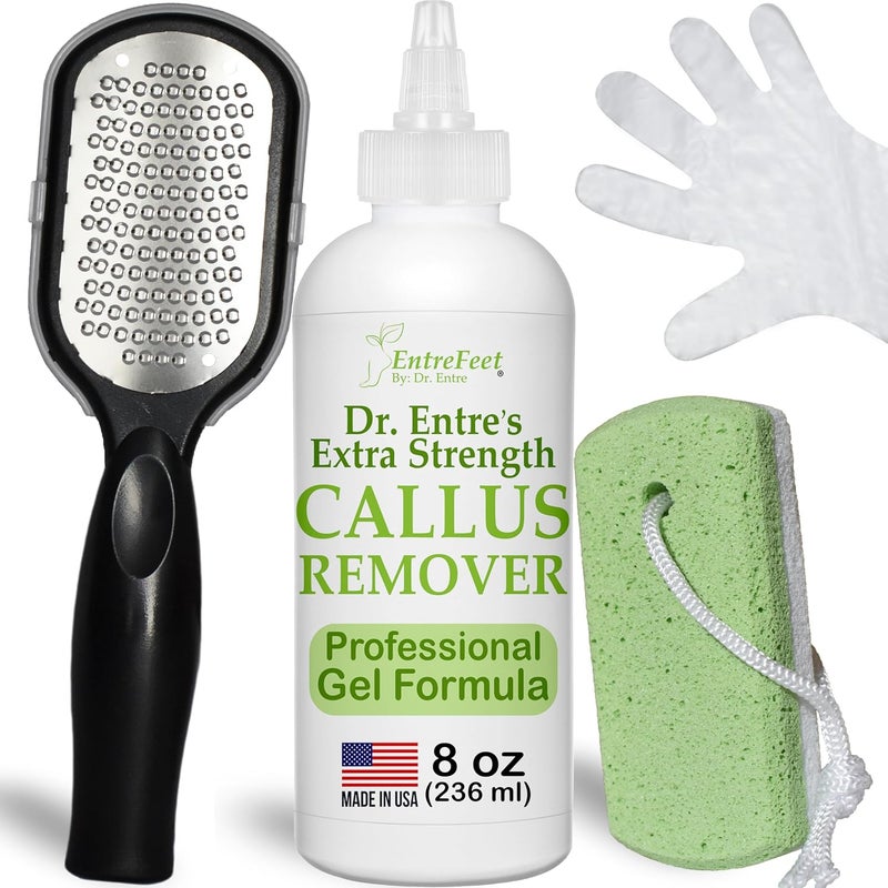 EntreFeet Dr. Entre's Callus Remover Gel Kit for Feet: Foot File, Pumice Stone, 5 Glove Pairs for Gel Application, Spa Kit, Foot Care, Pedicure Tools, Scrubber, 8oz
