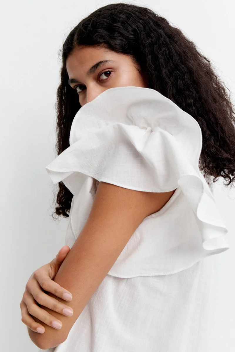 H&M 001-10-208-White Light Flutter-sleeve dress with broderie anglaise for Women | Best Price UAE