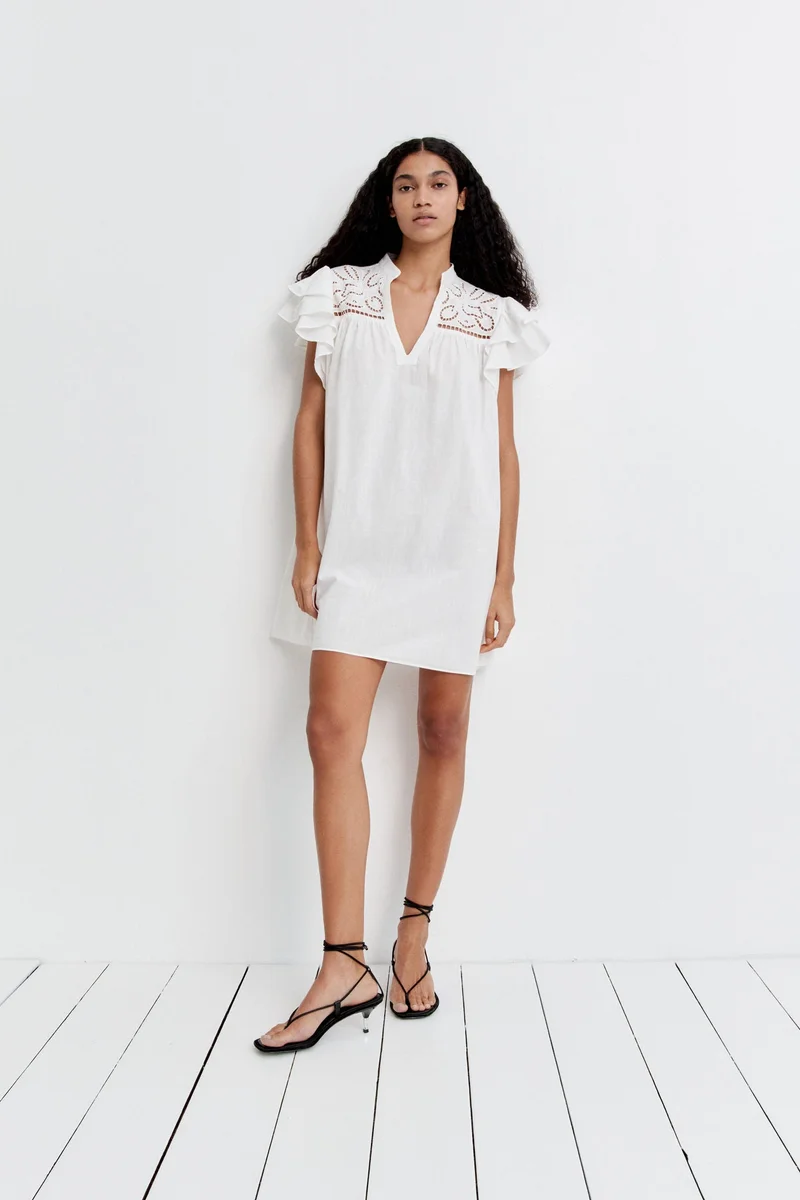 H&M 001-10-208-White Light Flutter-sleeve dress with broderie anglaise for Women | Best Price UAE