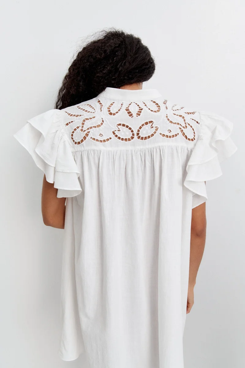 H&M 001-10-208-White Light Flutter-sleeve dress with broderie anglaise for Women | Best Price UAE