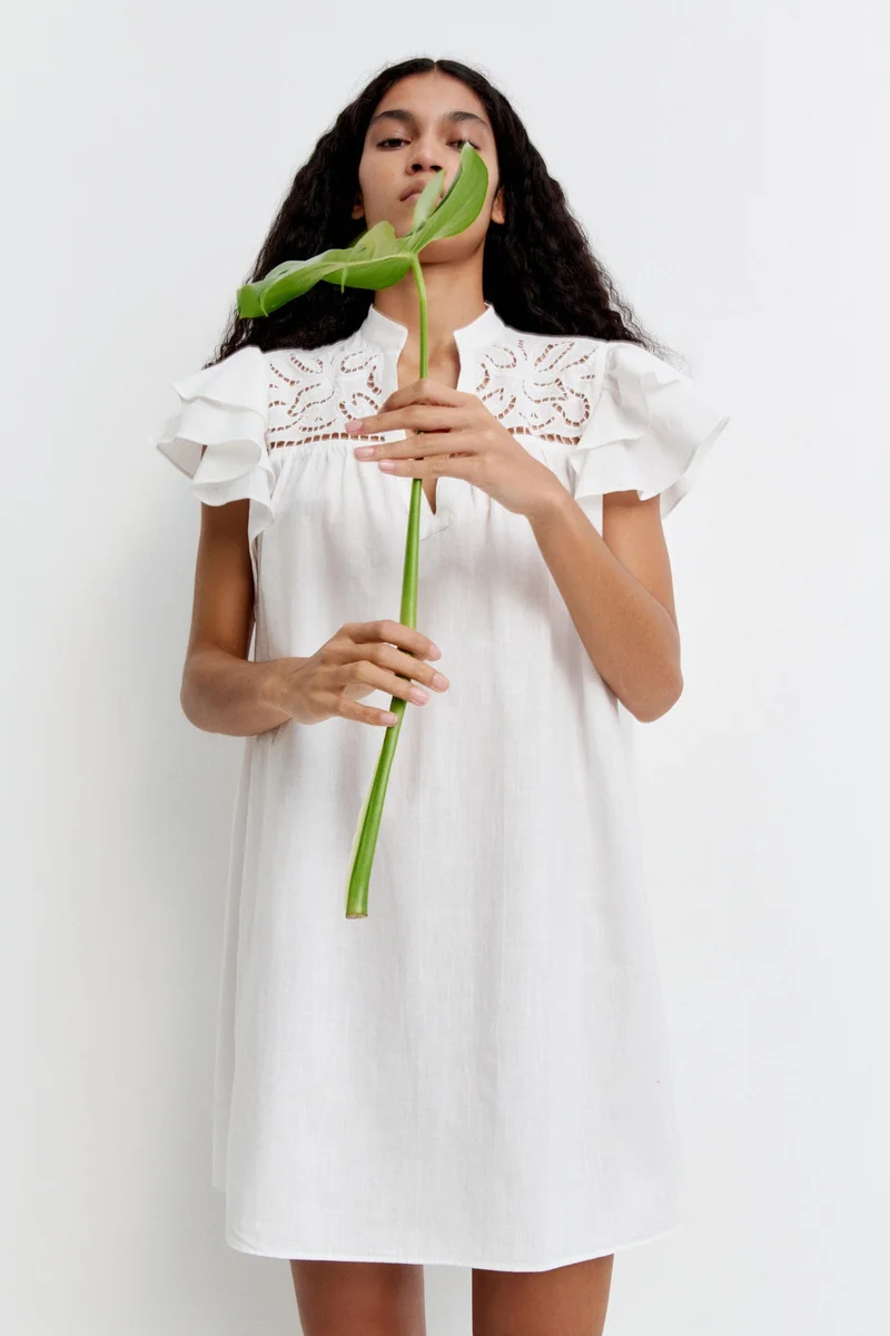 H&M 001-10-208-White Light Flutter-sleeve dress with broderie anglaise for Women | Best Price UAE