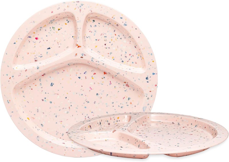 bzyoo 11Inch Divided Plates Set of 2  Confetti Pink BPAFree 100 Melamine Portion Control Plates with Dividers Unbreakable Dishwasher Safe for Kids Camping BBQ Parties Fun - Image 1
