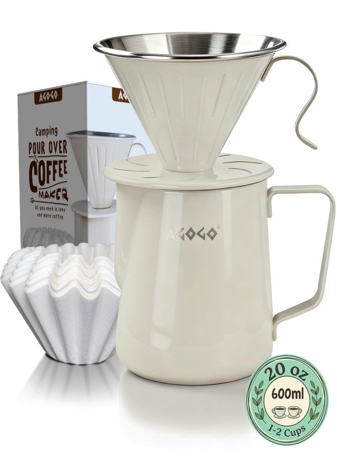 AGOGO Camping Pour Over Coffeemaker Set with Paper Filter Stainless Steel (Cream, 600ml) - Image 1