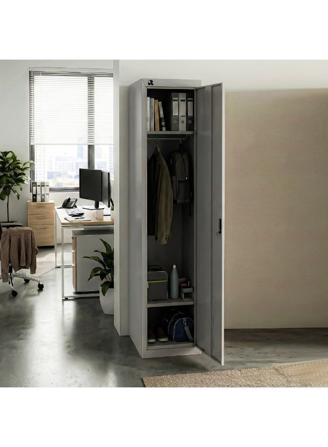RIGID Single Door Steel Storage Locker with Shelves | Metal Cabinet for Home, School & Office | Secure Key Lock, Plastic Handles, Multi-Compartment Organizer, Grey (45D x 38W x 180H cm) Assembled - Image 2