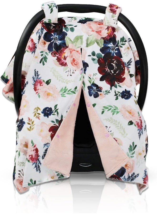 Dear Baby Gear Burgundy and Navy Floral Blush Minky Baby Car Seat Canopy - Image 1
