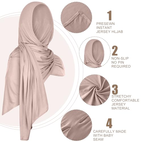 Vabean 4 Pcs Instant Hijab for Women Jersey Hijabs Pinless Ramadan Islamic Muslim Head Wraps Premium Head Scarf Shawl turban(Vanilla, Camel, Dark Ginger, Dark Brown) - Image 2