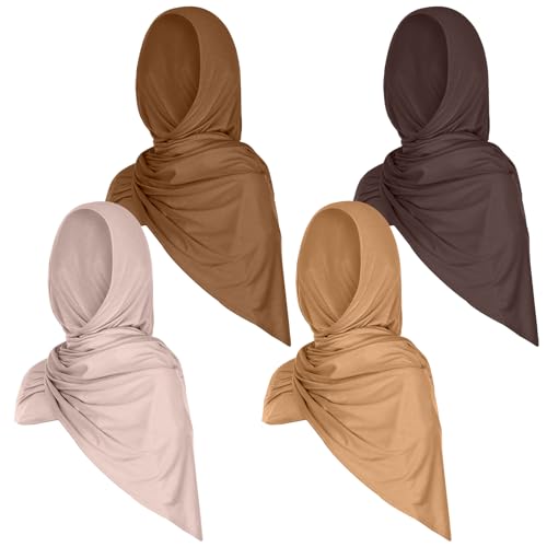 Vabean 4 Pcs Instant Hijab for Women Jersey Hijabs Pinless Ramadan Islamic Muslim Head Wraps Premium Head Scarf Shawl turban(Vanilla, Camel, Dark Ginger, Dark Brown) - Image 1