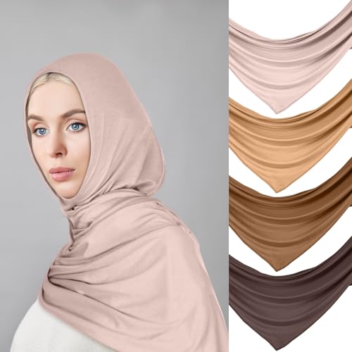 Vabean 4 Pcs Instant Hijab for Women Jersey Hijabs Pinless Ramadan Islamic Muslim Head Wraps Premium Head Scarf Shawl turban(Vanilla, Camel, Dark Ginger, Dark Brown) - Image 4